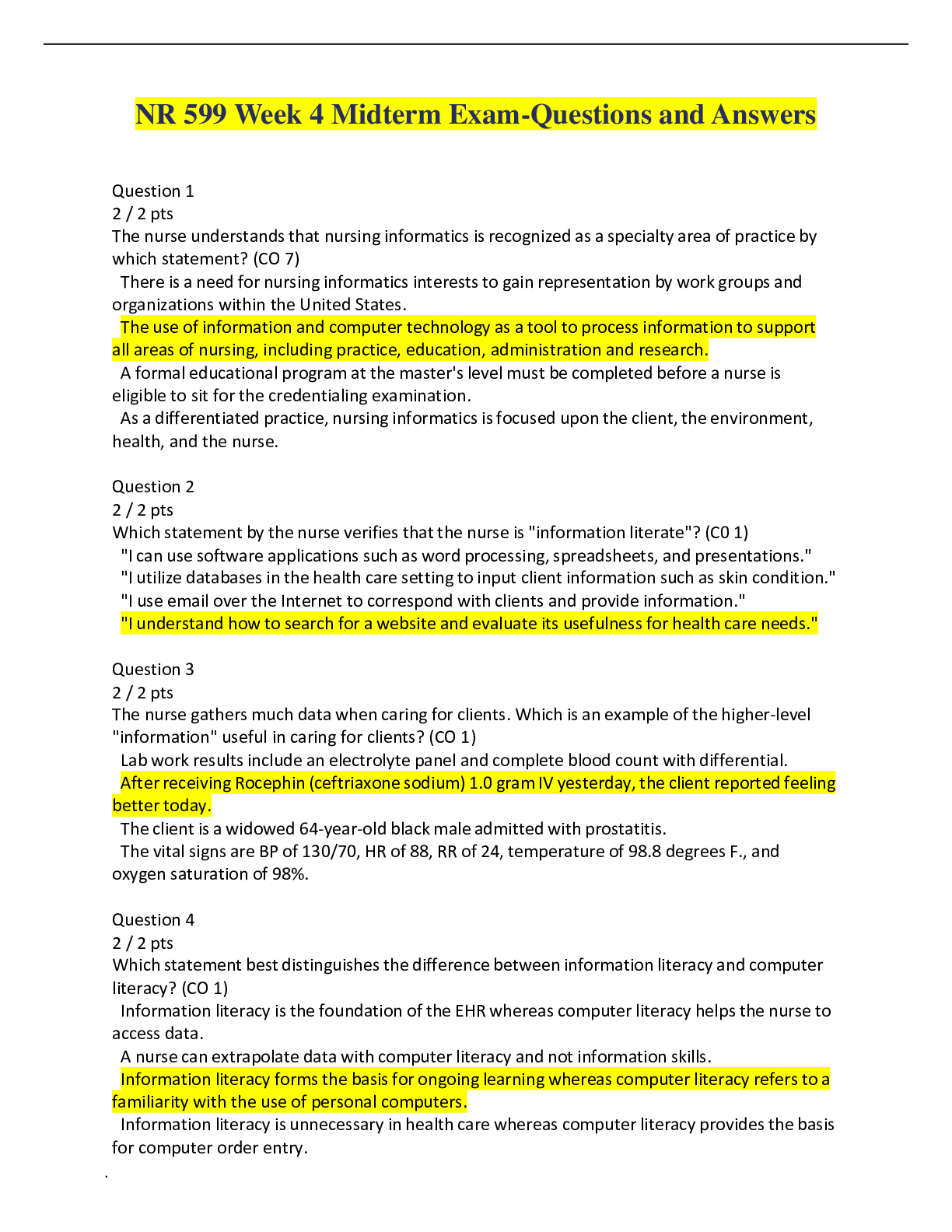 Preview of NR 599 Week 4 Midterm Exam-Questions and Answers